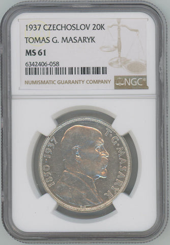 1937 Czechoslov 20 Korun. Tamas G Masaryk. NGC MS61 Image 1