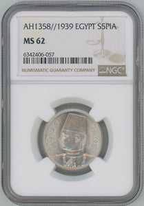 AH 1358 1939 Egypt Silver 5 Piastres. NGC MS62 Image 1