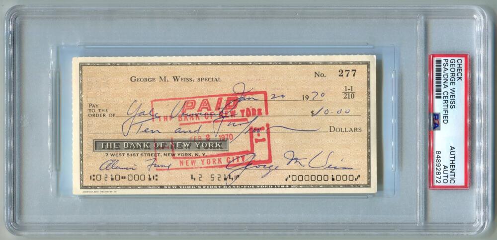 George Weiss Signed Check to Yale University. Auto PSA (jm) Image 1