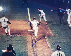 Mookie, Buckner, Stanley, Gedman 1986 WS Signed 16x20 Photograph. Auto JSA Image 1