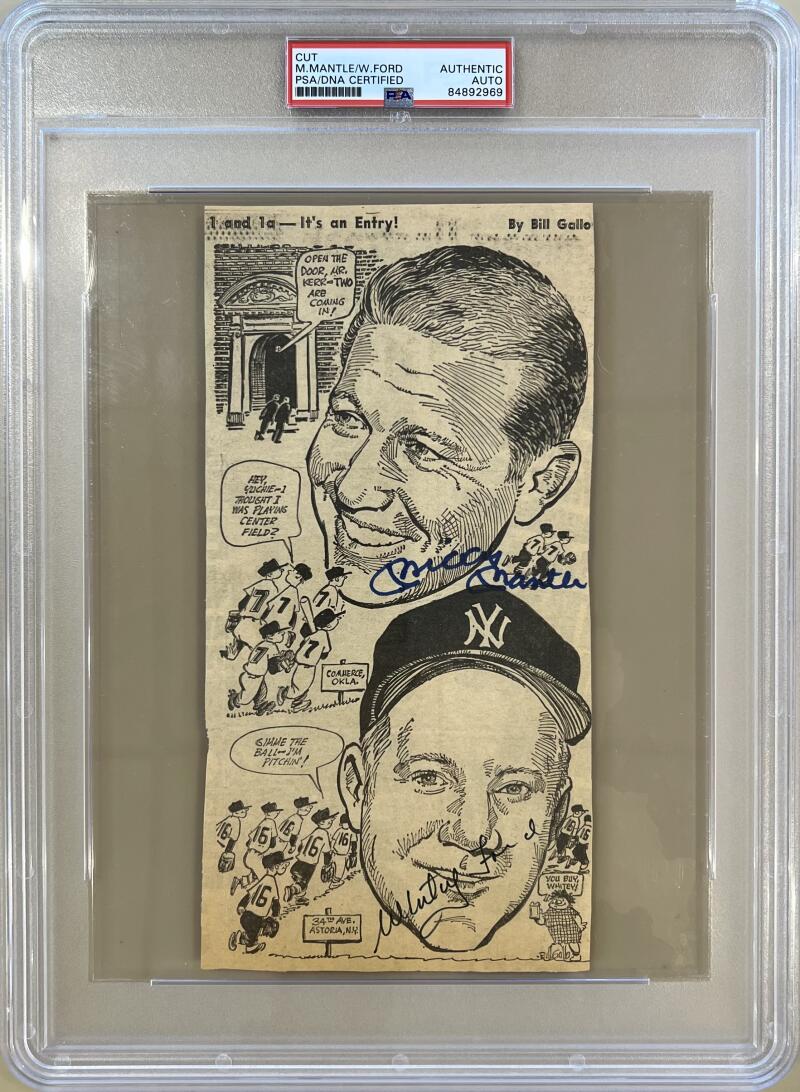 Mickey Mantle & Whitey Ford Newspaper Cut, Bill Gallo Artwork. Auto PSA Image 1