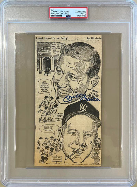 Mickey Mantle & Whitey Ford Newspaper Cut, Bill Gallo Artwork. Auto PSA Image 1