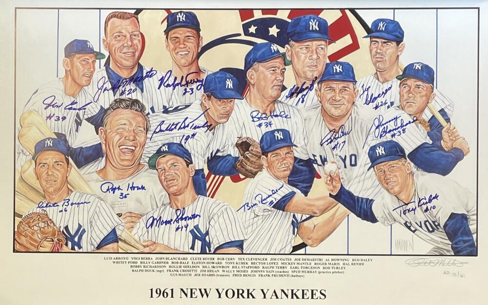 1961 Yankees Signed Lithograph, 14 Signatures. Artist Proof/61. Auto PSA  Image 1