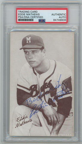 1947-1966 Eddie Mathews Signed + Inscribed Exhibit Trading Card. Auto PSA  Image 1