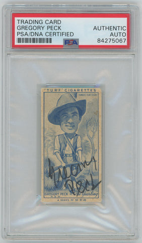 1949 Turf Cigarettes Famous Film Stars Autograph Card. Gregory Peck #49. PSA Image 1