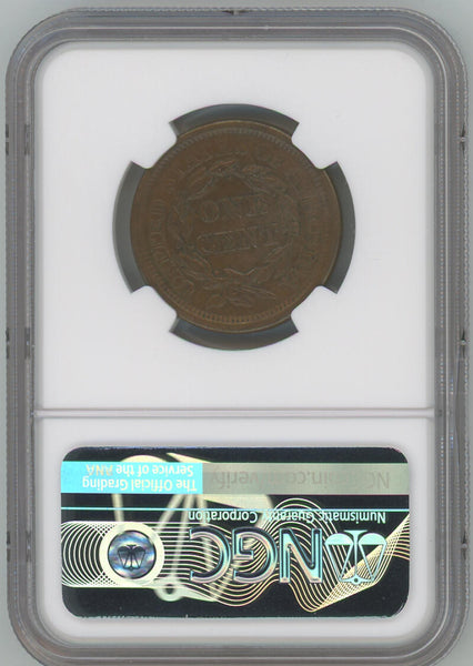 1856 Slanted 5 Braided Hair Large Cent, NGC AU55 BN Image 2