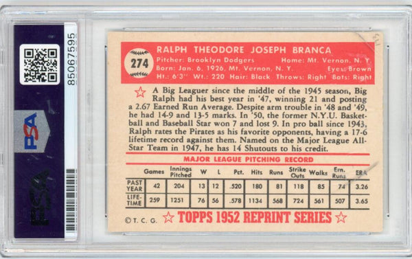 1952 Topps Reprint Signed Ralph Branca. PSA/DNA Image 2