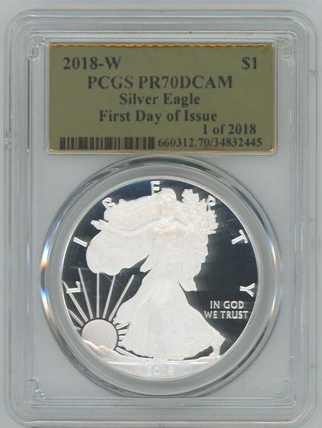 2018 W PROOF SILVER EAGLE PCGS PR70 DCAM FDI GOLD FOIL LABEL Image 1