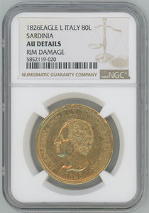 1826 Eagle L Italy 80 Lire. Sardinia. NGC AU Details Image 1