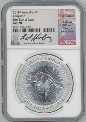 2019 P Australia Kangaroo. First Day of Issue. Ed Harbuz Signed. NGC MS70 Image 1