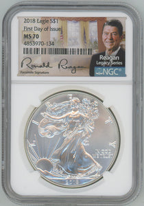 2018 American Silver Eagle. Reagan Holder. FDOI NGC MS70 Image 1