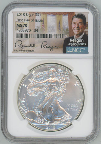 2018 American Silver Eagle. Reagan Holder. FDOI NGC MS70 Image 1