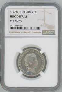 1846 B Hungary 20 Krajczar. NGC Unc Details Image 1