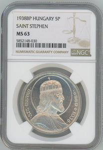 1938 BP Hungary 5 Pengo. Saint Stephen. NGC MS63 Image 1