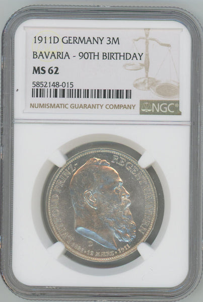 1911 D Germany 3 Mark. Bavaria 90th Birthday. NGC MS62 Image 1