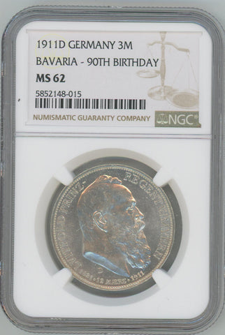 1911 D Germany 3 Mark. Bavaria 90th Birthday. NGC MS62 Image 1