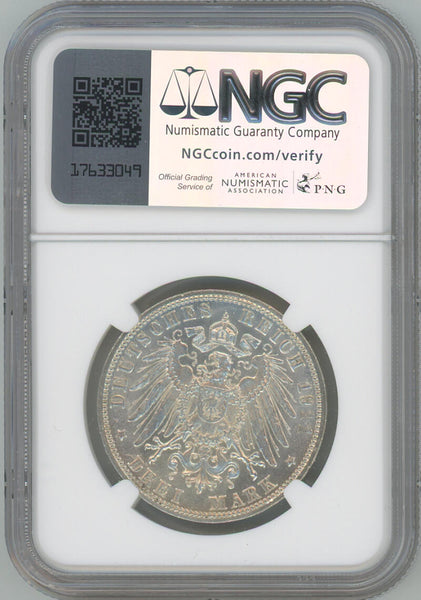 1911 D Germany 3 Mark. Bavaria 90th Birthday. NGC MS62 Image 2