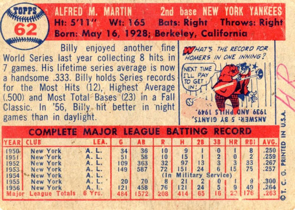 1957 Topps Billy Martin #62. Image 2