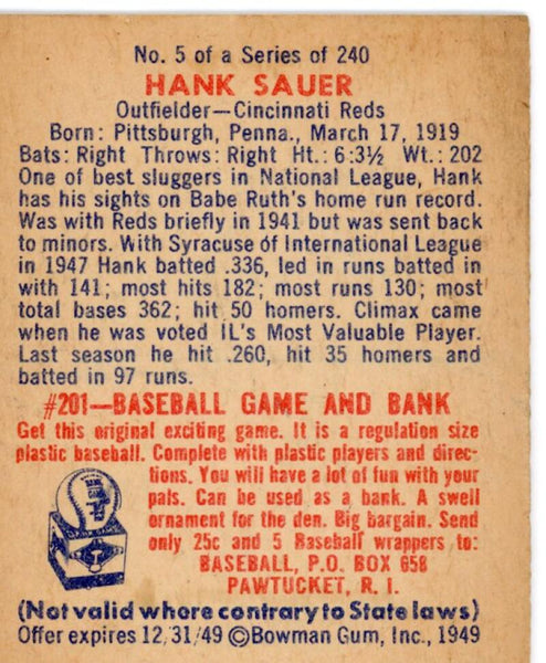 1949 Bowman Hank Sauer No. 5. Image 2