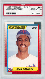 1989 Topps Juan Gonzalez Major League Debut Rookie. PSA Gem Mint 10 Image 1