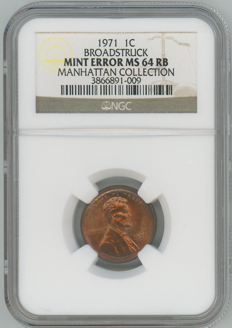 1971 Lincoln Wheat Cent. Broadstruck Error. NGC MS64 RB Mint Error Image 1