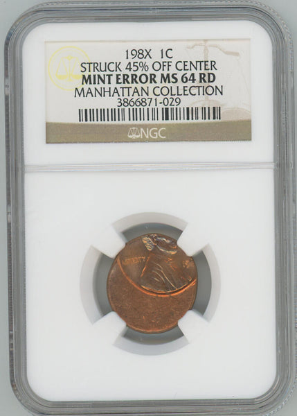 1980s Lincoln Wheat Cent. Struck 45% off Center Error. 198X NGC MS64 Red Mint Error Image 1