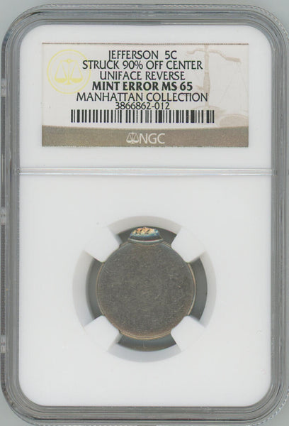 Jefferson Nickel off Center Error. 90% off center. Uniface Reverse. NGC MS65 Image 1